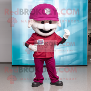 Magenta American Football Helmet mascot costume character dressed with a Cargo Pants and Hat pins