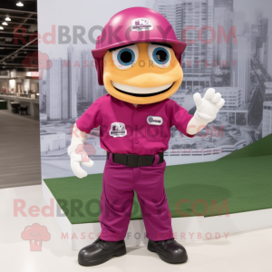 Magenta American Football Helmet mascot costume character dressed with a Cargo Pants and Hat pins