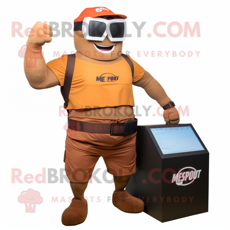 Rust Superhero mascot costume character dressed with a Cargo Shorts and Digital watches