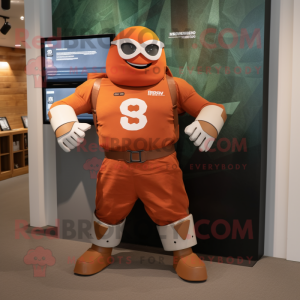 Rust Superhero mascot costume character dressed with a Cargo Shorts and Digital watches
