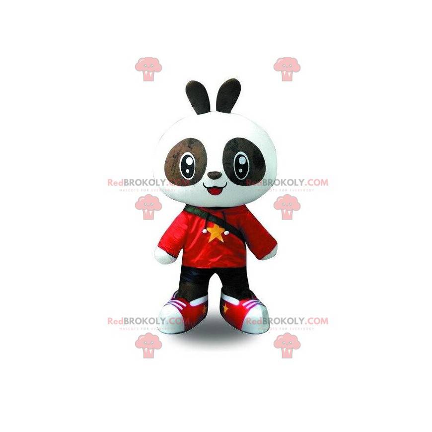 Black and white panda mascot dressed in young outfit -