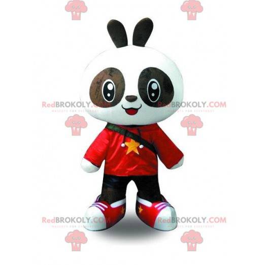 Zwart-witte panda-mascotte gekleed in een jonge outfit -