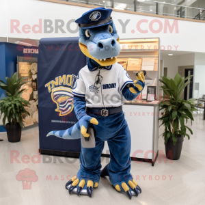 Navy Tyrannosaurus mascot costume character dressed with a Skinny Jeans and Keychains