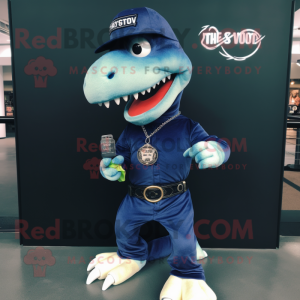 Navy Tyrannosaurus mascot costume character dressed with a Skinny Jeans and Keychains