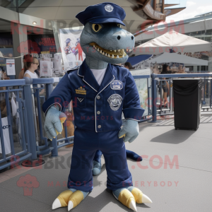 Navy Tyrannosaurus mascot costume character dressed with a Skinny Jeans and Keychains