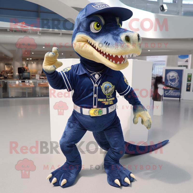 Navy Tyrannosaurus mascot costume character dressed with a Skinny Jeans and Keychains