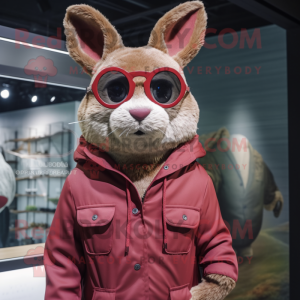 Maroon Wild Rabbit mascot costume character dressed with a Parka and Eyeglasses