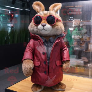 Maroon Wild Rabbit mascot costume character dressed with a Parka and Eyeglasses