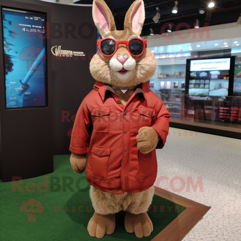 Maroon Wild Rabbit mascot costume character dressed with a Parka and Eyeglasses Maroon Wild Rabbit mascot costume character dressed with a Parka and Eyeglasses