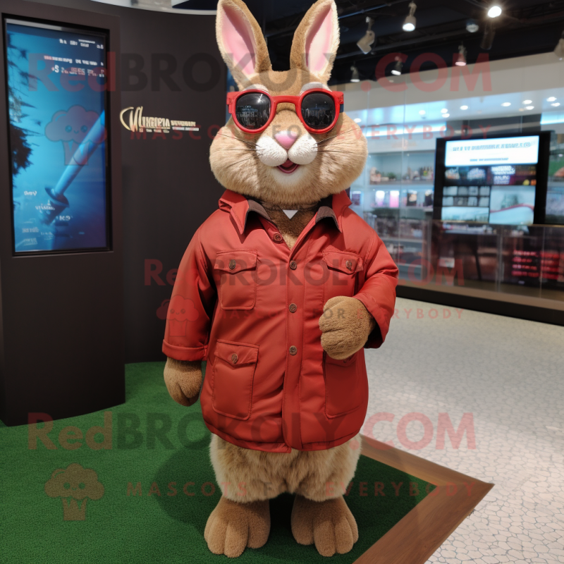 Maroon Wild Rabbit mascot costume character dressed with a Parka and Eyeglasses