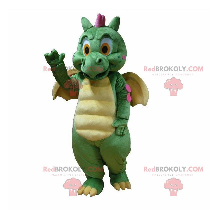 Mascotte de dragon vert et jaune, costume de dinosaure -