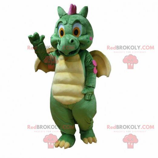 Mascotte de dragon vert et jaune, costume de dinosaure -