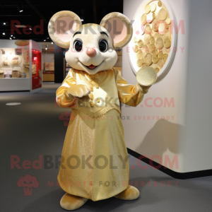 Gold Mouse mascot costume character dressed with a Empire Waist Dress and Coin purses