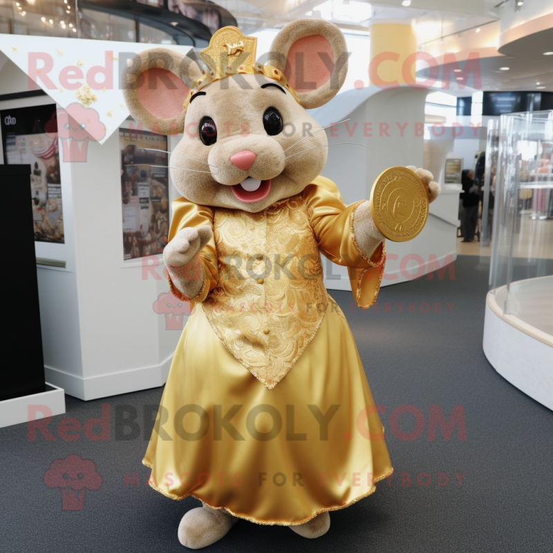 Gold Mouse mascot costume character dressed with a Empire Waist Dress and Coin purses Gold Mouse mascot costume character dressed with a Empire Waist Dress and Coin purses
