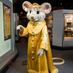 Gold Mouse mascot costume character dressed with a Empire Waist Dress and Coin purses