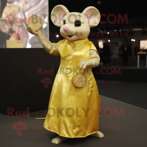 Gold Mouse mascot costume character dressed with a Empire Waist Dress and Coin purses