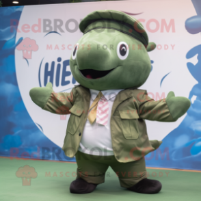 Olive Whale mascot costume character dressed with a Chinos and Berets