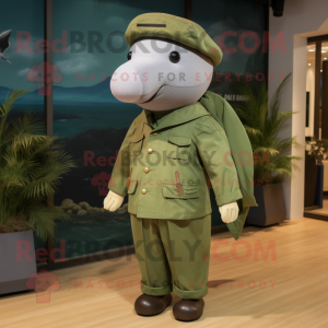 Olive Whale mascot costume character dressed with a Chinos and Berets