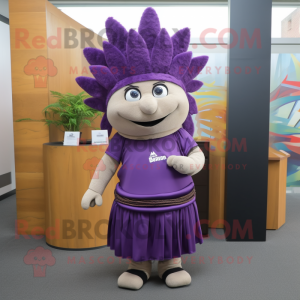 Purple Chief mascot costume character dressed with a Pencil Skirt and Headbands