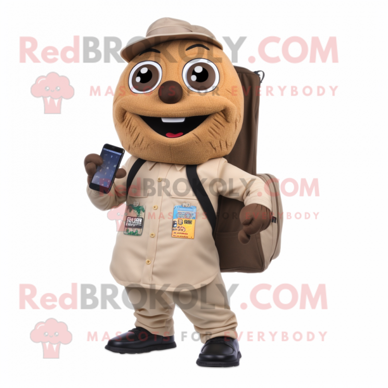 Tan Phone mascot costume character dressed with a Dress Shirt and Backpacks Tan Phone mascot costume character dressed with a Dress Shirt and Backpacks
