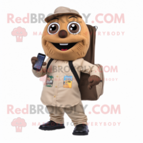Tan Phone mascot costume character dressed with a Dress Shirt and Backpacks