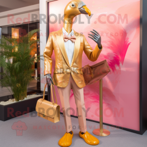Gold Flamingo mascot costume character dressed with a Blazer and Clutch bags