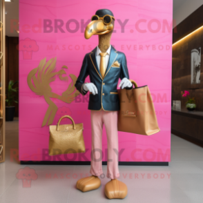 Gold Flamingo mascot costume character dressed with a Blazer and Clutch bags