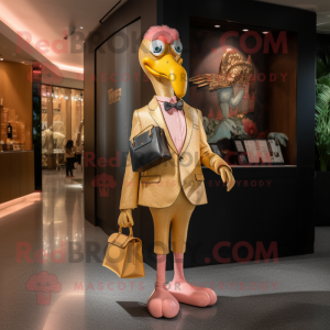 Gold Flamingo mascot costume character dressed with a Blazer and Clutch bags