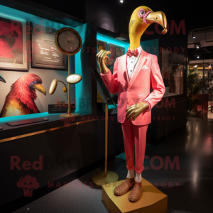 Gold Flamingo mascot costume character dressed with a Blazer and Clutch bags