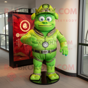 Lime Green Chief mascot costume character dressed with a Rash Guard and Rings