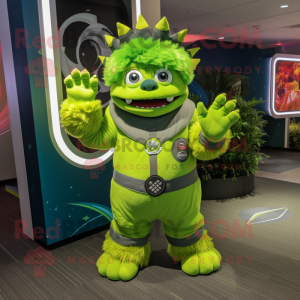 Lime Green Chief mascot costume character dressed with a Rash Guard and Rings