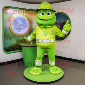 Lime Green Chief mascot costume character dressed with a Rash Guard and Rings