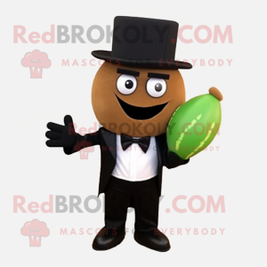 Brown Melon mascot costume character dressed with a Tuxedo and Gloves