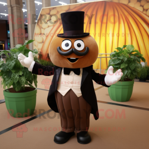 Brown Melon mascot costume character dressed with a Tuxedo and Gloves