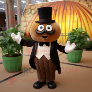 Brown Melon mascot costume character dressed with a Tuxedo and Gloves