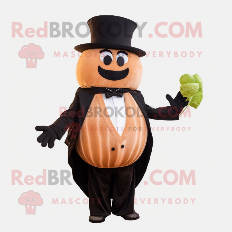 Brown Melon mascot costume character dressed with a Tuxedo and Gloves