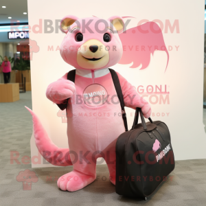Pink Mongoose mascot costume character dressed with a T-Shirt and Tote bags