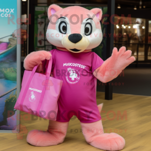 Pink Mongoose mascot costume character dressed with a T-Shirt and Tote bags