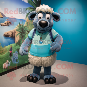 Cyan Suffolk Sheep mascot costume character dressed with a Bermuda Shorts and Bracelets
