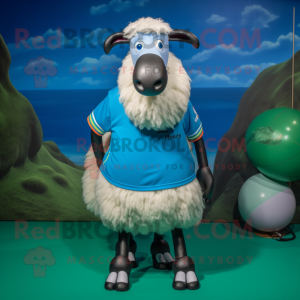 Cyan Suffolk Sheep mascot costume character dressed with a Bermuda Shorts and Bracelets