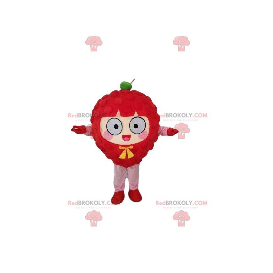 Reusachtige framboos mascotte, rood fruit kostuum -