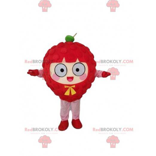 Reusachtige framboos mascotte, rood fruit kostuum -