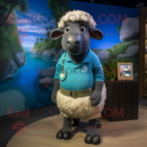 Cyan Suffolk Sheep mascot costume character dressed with a Bermuda Shorts and Bracelets