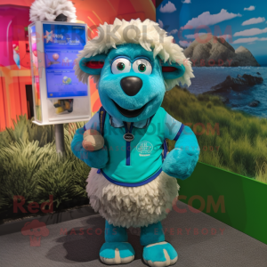 Cyan Suffolk Sheep mascot costume character dressed with a Bermuda Shorts and Bracelets