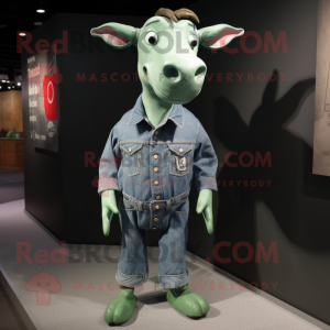 Green Zebu mascot costume character dressed with a Denim Shirt and Brooches