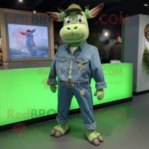 Green Zebu mascot costume character dressed with a Denim Shirt and Brooches