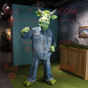 Green Zebu mascot costume character dressed with a Denim Shirt and Brooches