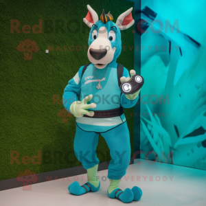 Turquoise Okapi mascot costume character dressed with a Joggers and Digital watches