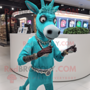 Turquoise Okapi mascot costume character dressed with a Joggers and Digital watches