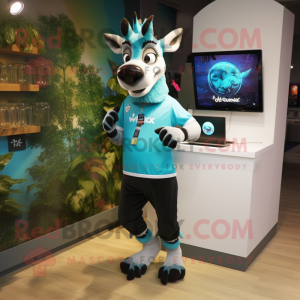 Turquoise Okapi mascot costume character dressed with a Joggers and Digital watches